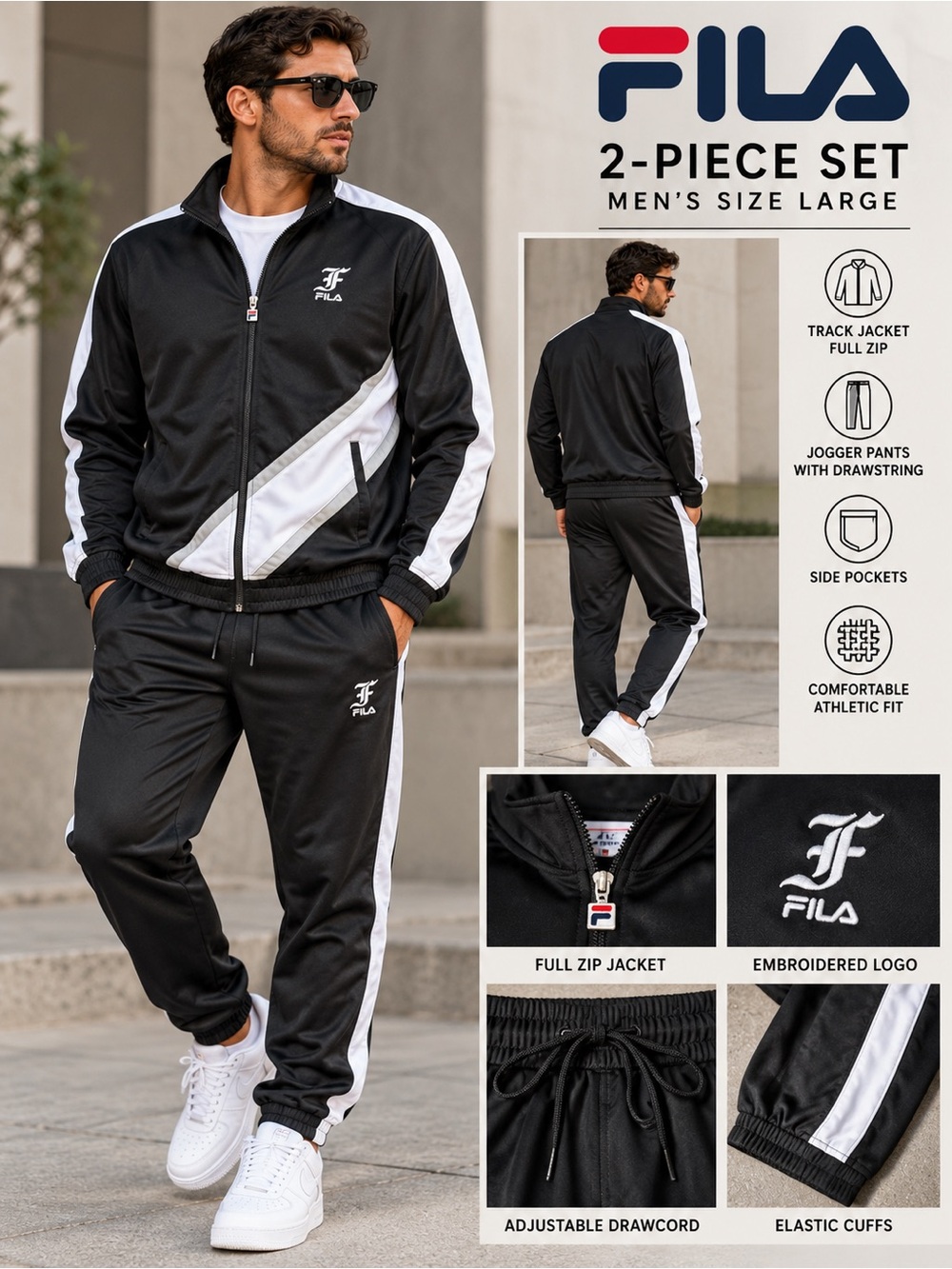 FILA Men’s 2-Piece Black & White Track Jacket & Pants Set – Size Large